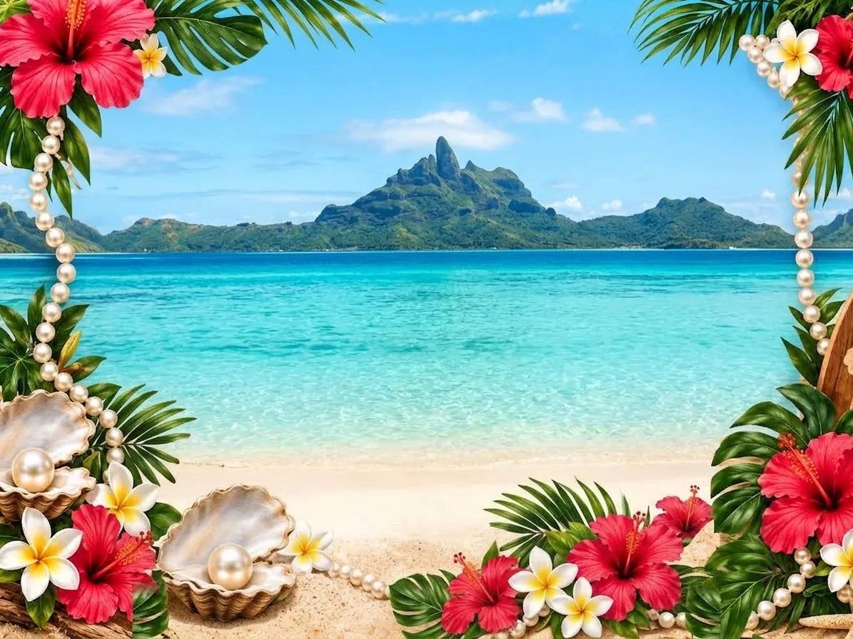 Écran d&rsquo;accueil du photobooth personnalisé sur le thème du voyage&nbsp;: lagon turquoise, pitons verts, hibiscus, frangipaniers et coquillages en cadre