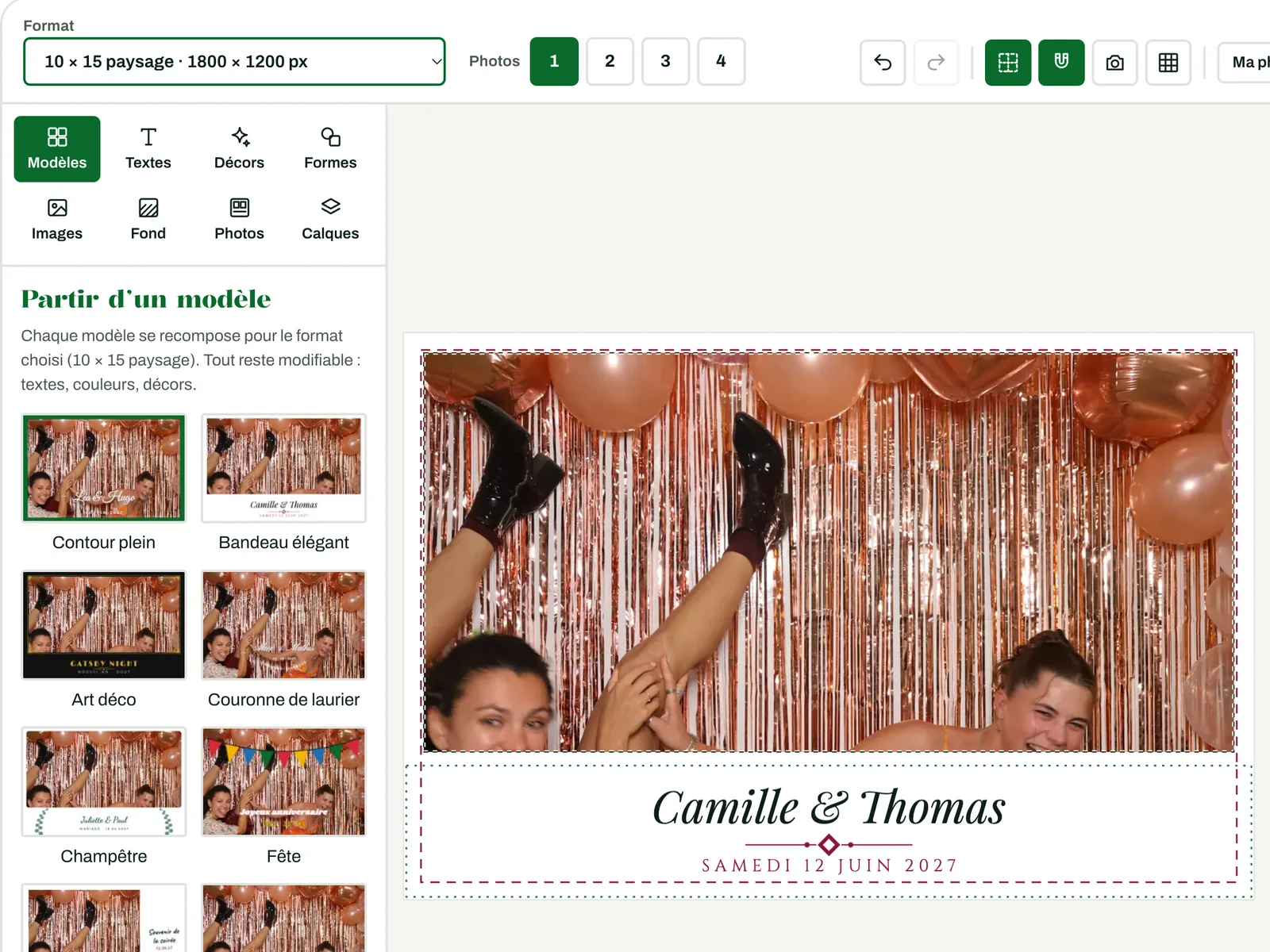 Le concepteur de cadre KoadBooth en ligne : le modèle Bandeau élégant aux prénoms de Camille et Thomas, posé sur une photo 10 × 15