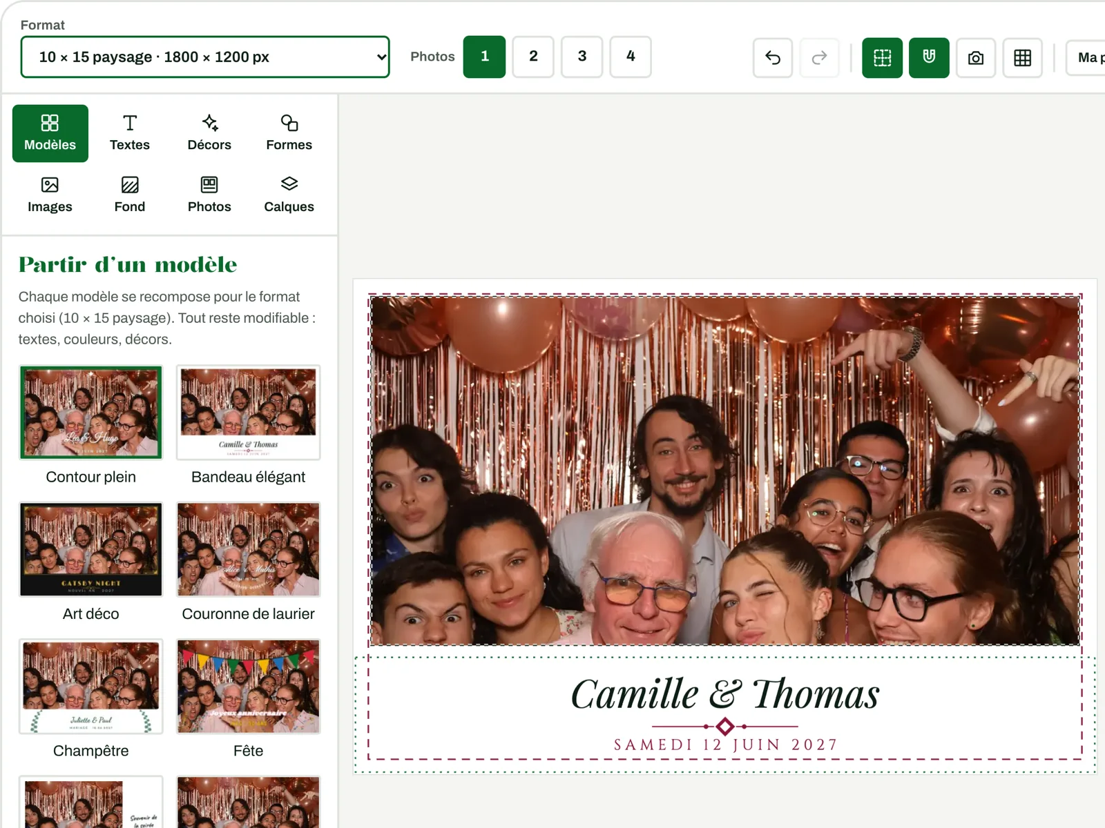 Le concepteur de cadre KoadBooth en ligne : le modèle Bandeau élégant aux prénoms de Camille et Thomas, posé sur une photo 10 × 15